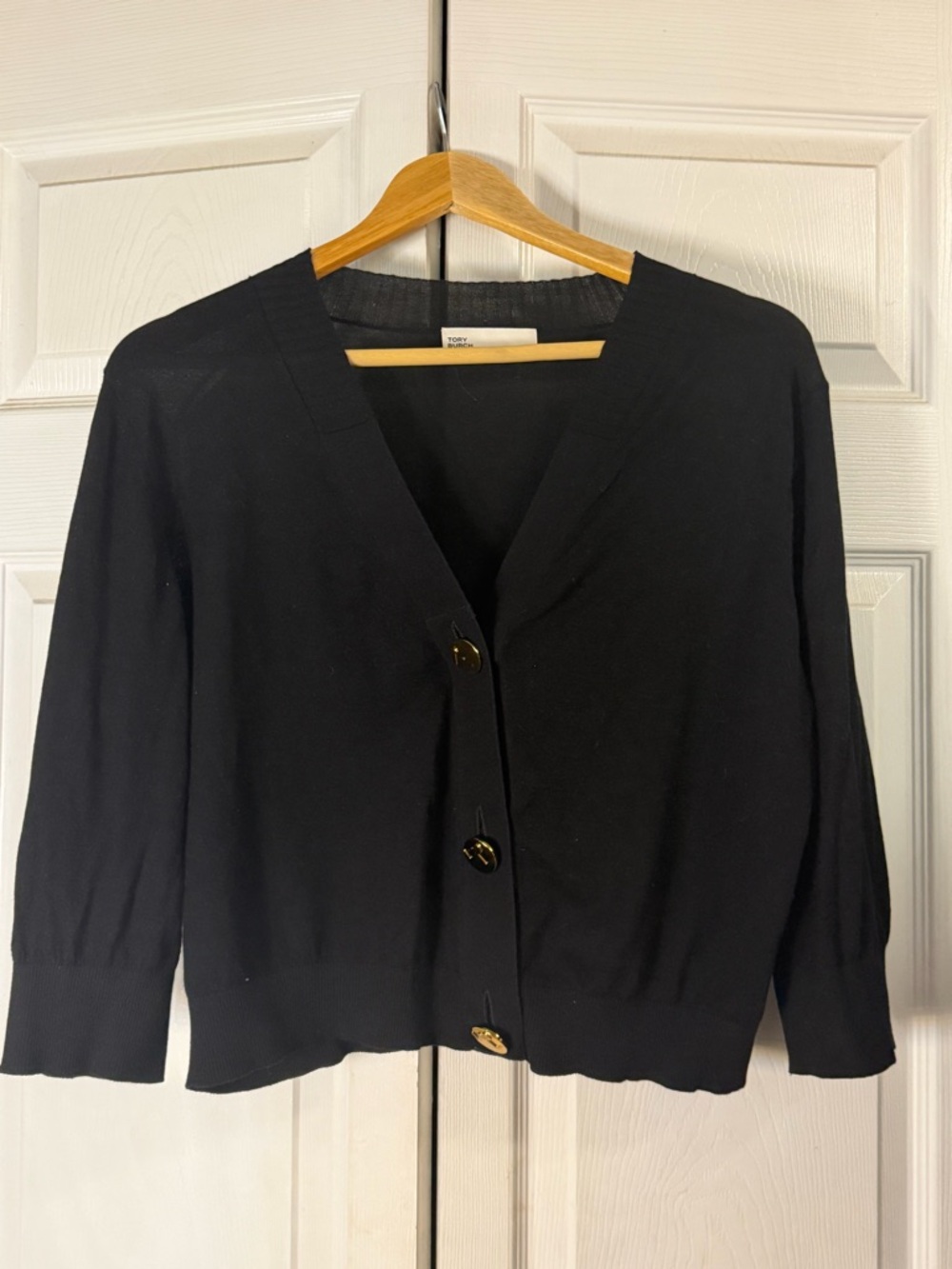 Tory Burch Black V-Neck Cardigan with Gold Buttons msrp $595